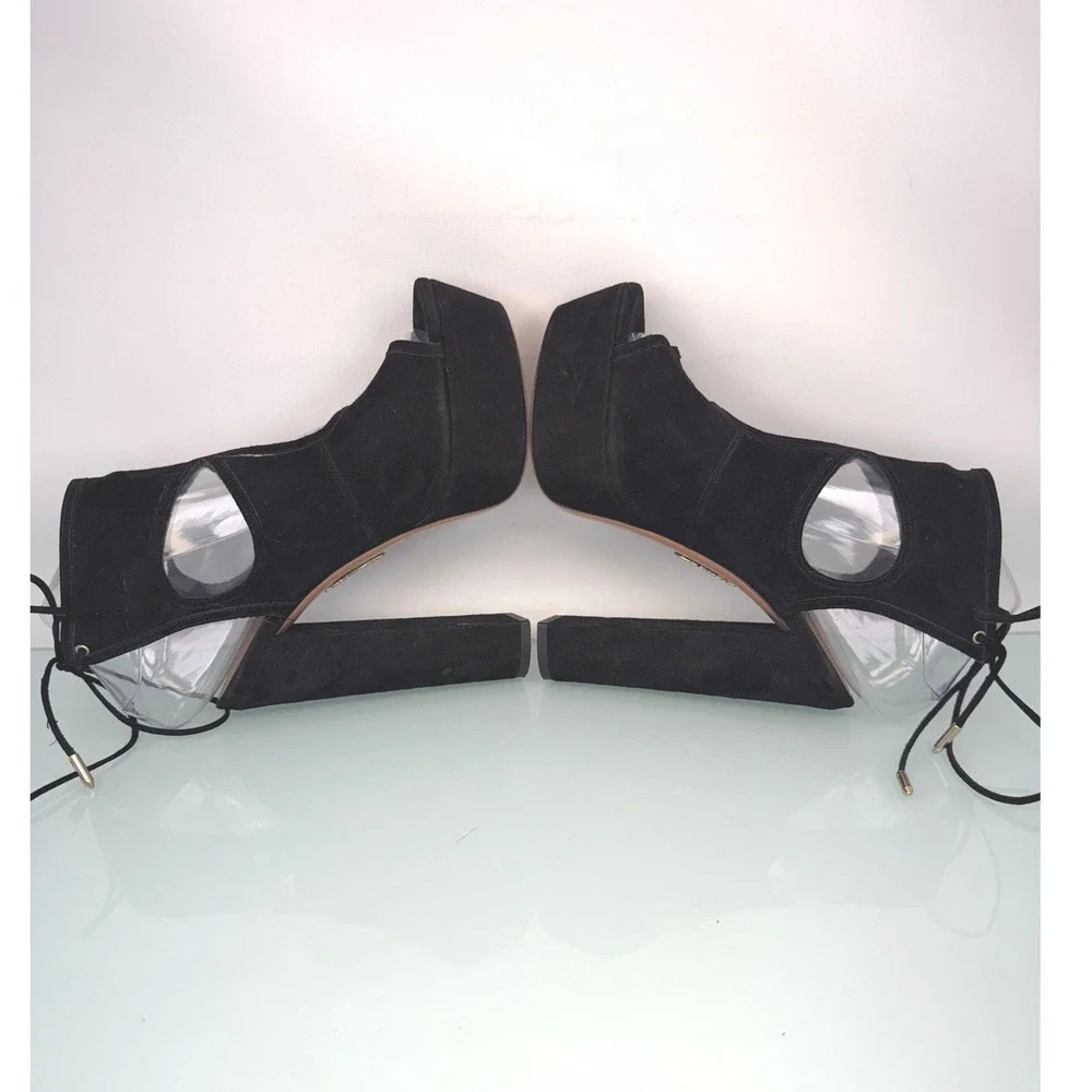 Aquazzura‎ Ultra High Platform Block Heels Sz 37 Black Suede Lace Up Italy Glam